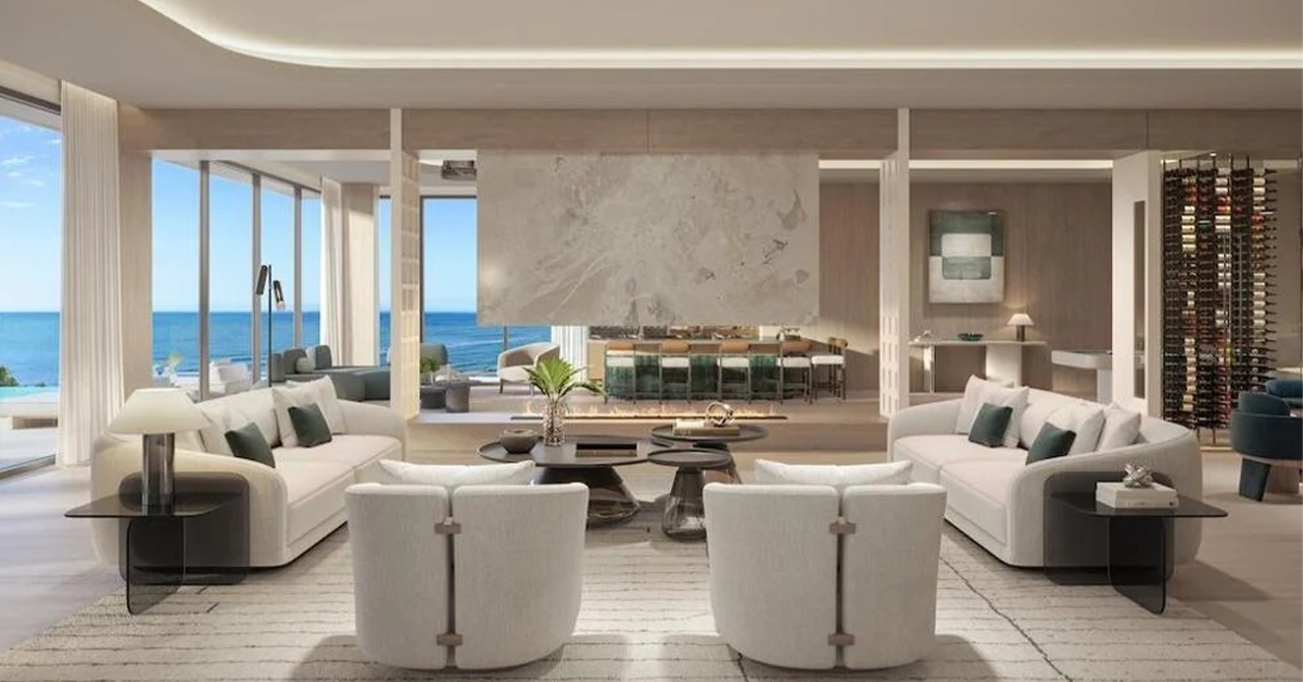 Modern luxury living room with ocean view and neutral furnishings
