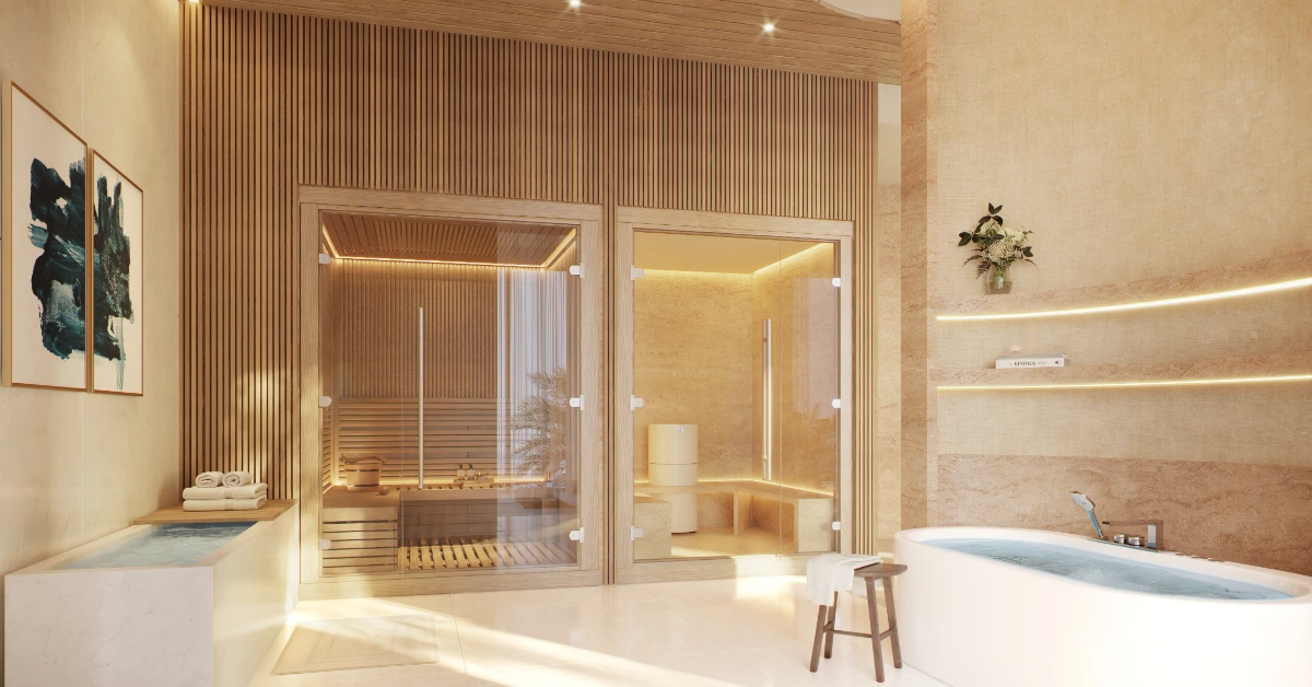 Luxury spa bathroom with sauna, soaking tub, and warm ambient lighting